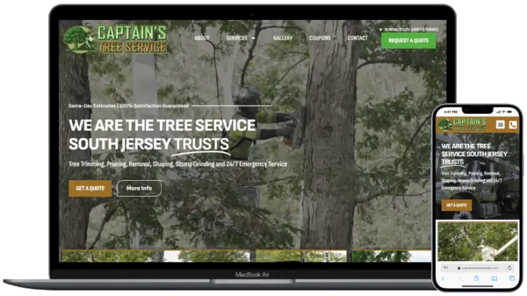 Captain’s Tree Service website with tree care imagery on desktop and mobile screens